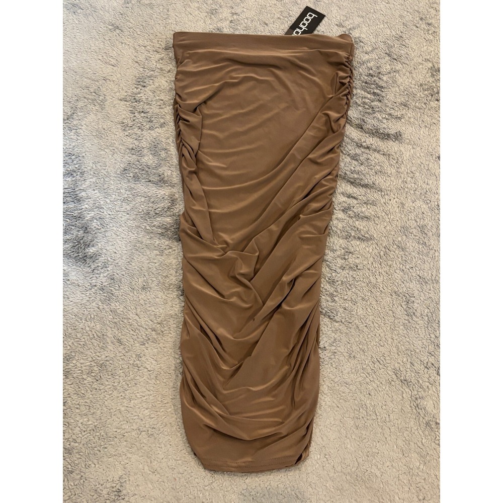 NWT BOOHOO Dress Size 6 Mariah Slinky Bodycon Brown Shoulderless Strapless Sexy